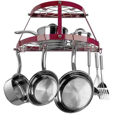 Red Metal Pot Rack Wall Mount Shelf Kitchen Hanging Pan Lid