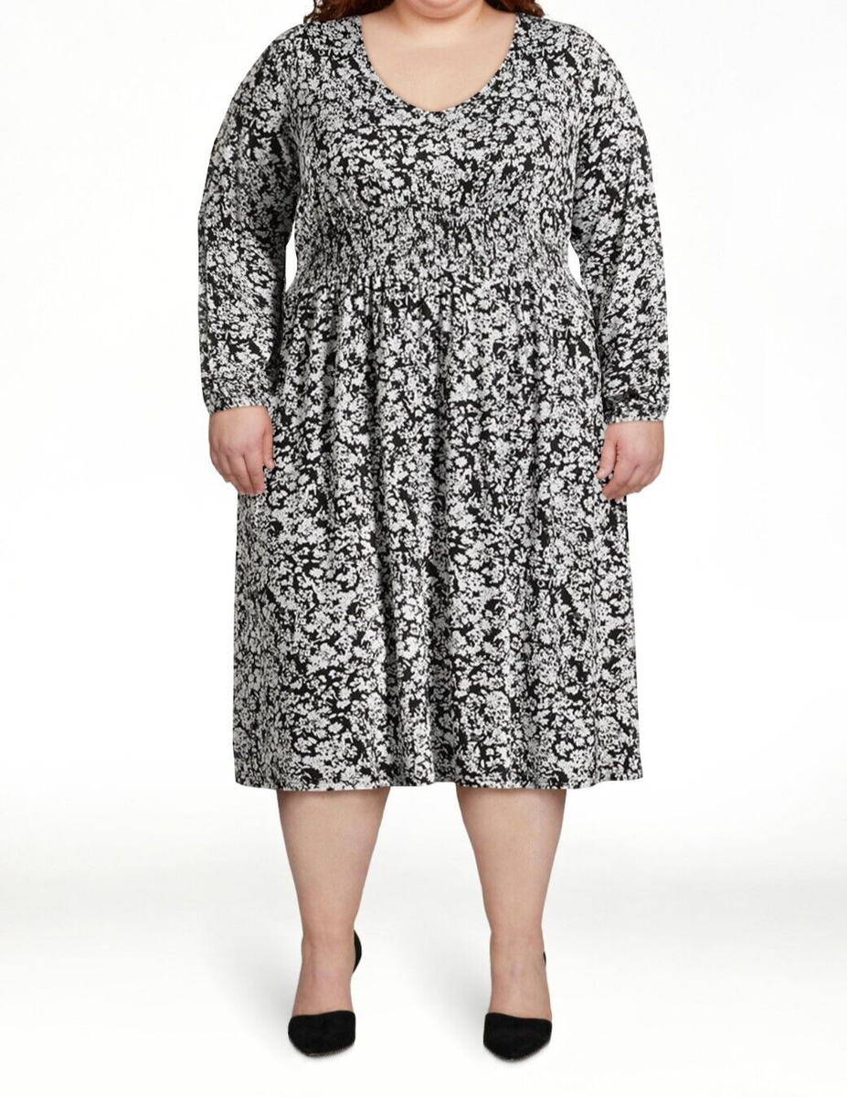 Terra & Sky Black and White Stretch Knit Floral Dress with Elastic Waist  Size 4X | eBay