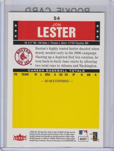 JON LESTER ROOKIE CARD 2006 Fleer Tradition BOSTON RED SOX RC Cubs Baseball - Picture 2 of 2