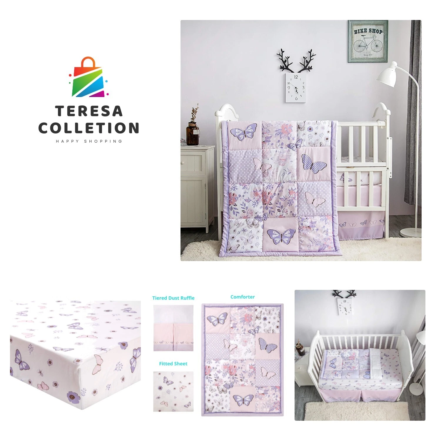 Baby Crib Bedding Set for Girls, Lilac Butterfly 3 Piece Standard Size Crib S...