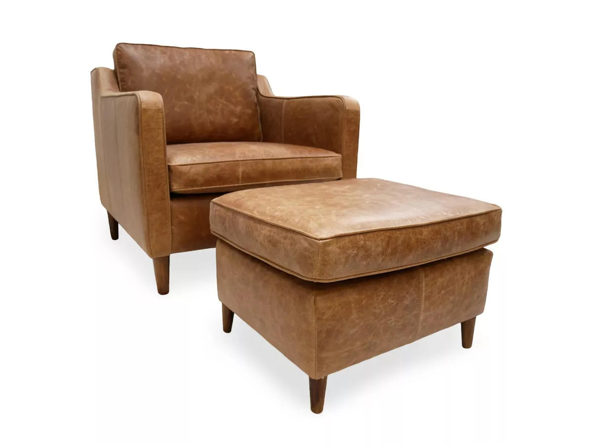 Tan leather sale armchair and footstool
