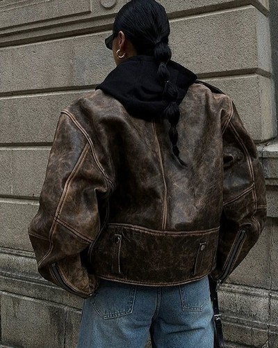 Women's New Oversized Brown Leather Bomber Jacket Baggy Style Biker Outwear Coat - Picture 2 of 4