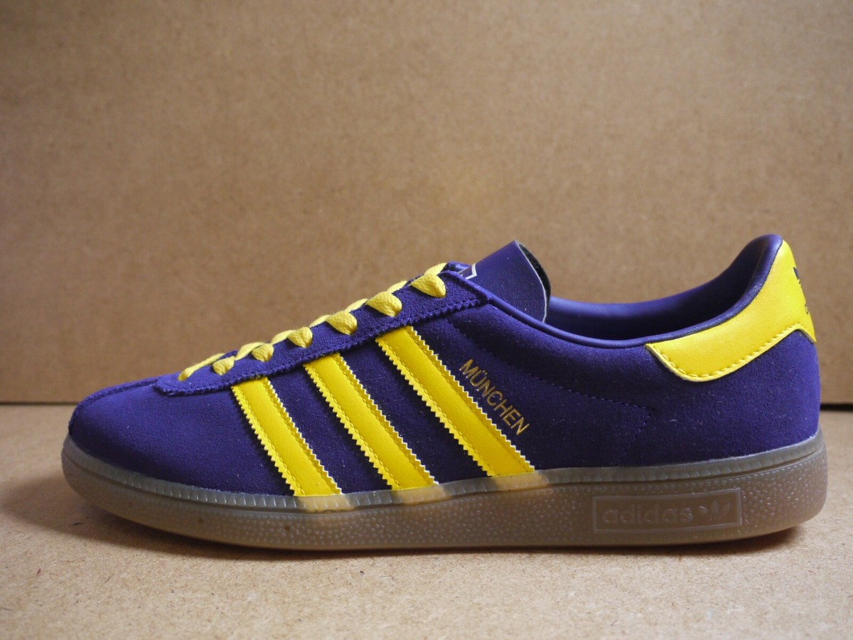 Adidas Originals Munchen Purple Suede CUSTOMISED Yellow Stripes Laces  BNIBWT