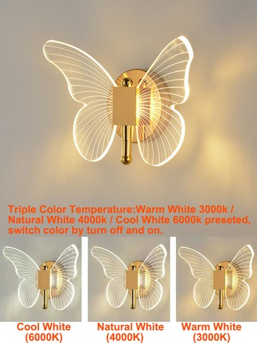 10W LED Crystal Butterfly Wall Light Fixture Acrylic Ceiling Lamp Triple Color - Picture 3 of 17