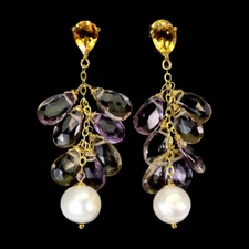 925 Sterling Silver Earrings Briolette Ametrine Citrine Pearl Gemstone Jewelry