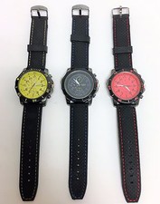 NEW GENEVA GUN METAL TONE,BLACK SILICONE BAND WITH STITCHES LARGE DIAL WATCH