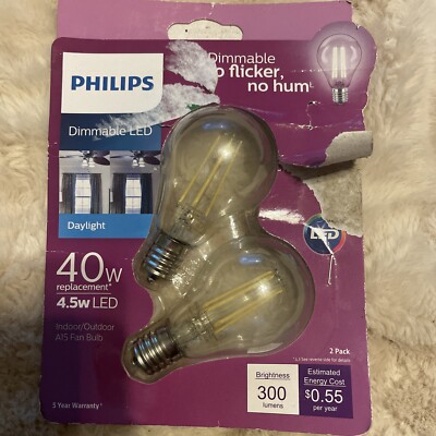 2 Philips 40W Equivalent Daylight A15 Dimmable LED Fan Light Bulb Indoor Outdoor