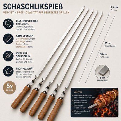 5 Edelstahl Grillspieße m. Holzgriff 700x15x3mm Kebab,Churrasco,Schaschlik,Adana