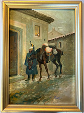 ANTICO DIPINTO OLIO SCENA MILITARE SOLDATO GENDARME UNIFORME CAVALLO INVERNO 900