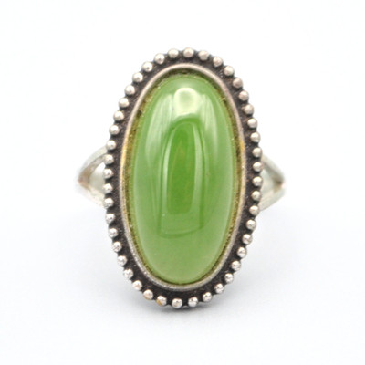 Sterling Silver Green Jade Oval Ring 3.75 Beaded Setting C&C 11x8 mm oval