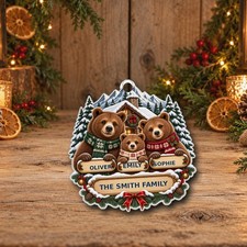 Personalised Christmas Bauble Bear Family 3 Names Woodland Cabin Decoration Gift
