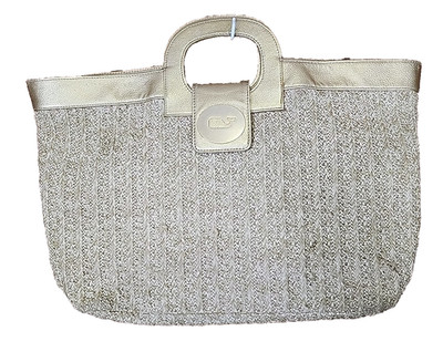 Vineyard Vines Woven Beach Tote Bag Purse Gold Whale Accents Pockets 18 X 12 R2