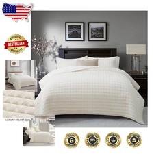 Luxury Velvet Quilt King Cream White Geometric 2pc Oversized Soft Bedding