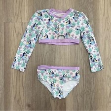Bluey Girls 2-Piece Swimsuit Rash Guard Bikini Set Purple Floral Size 4T