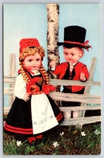 Doll~Girl & Boy In Natl Costumes From Hardanger~Printed In Norway~Vtg Postcard