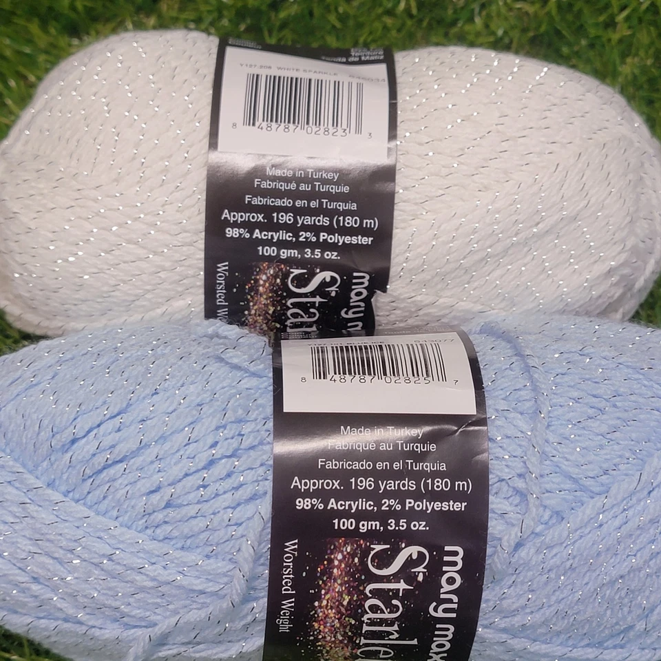 Mary Maxim Starlette Sparkle Worsted Yarn Lot Of 2 - White Sparkle & Blue Ice - Image 3 of 4