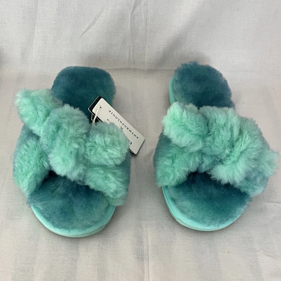 EMU Australia x Anthropologie Naledi Bow Slippers Slides Shearling Sz 8 Teal - Image 2 of 4