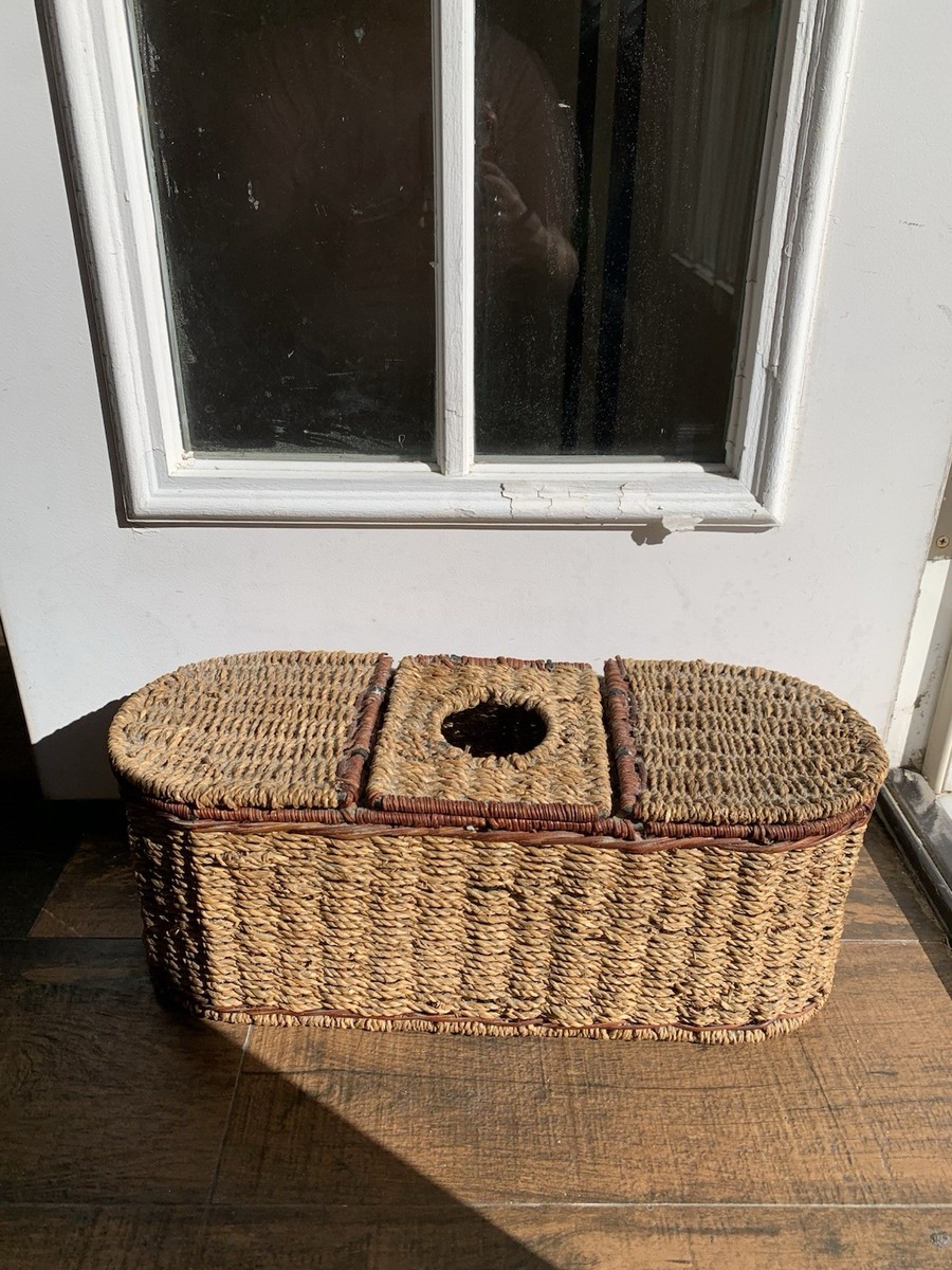Late 20th Century Wicker Rattan 3 Compartment Basket, Large And