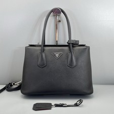 AUTH PRADA Double Bag Black Saffiano Leather Top Handle Tote Handbag