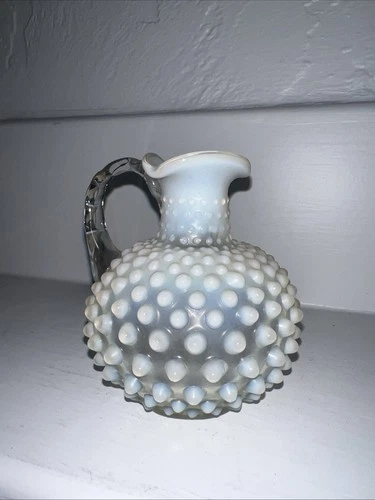 Fenton White Opalescent Glass Hobnail Syrup Pitcher