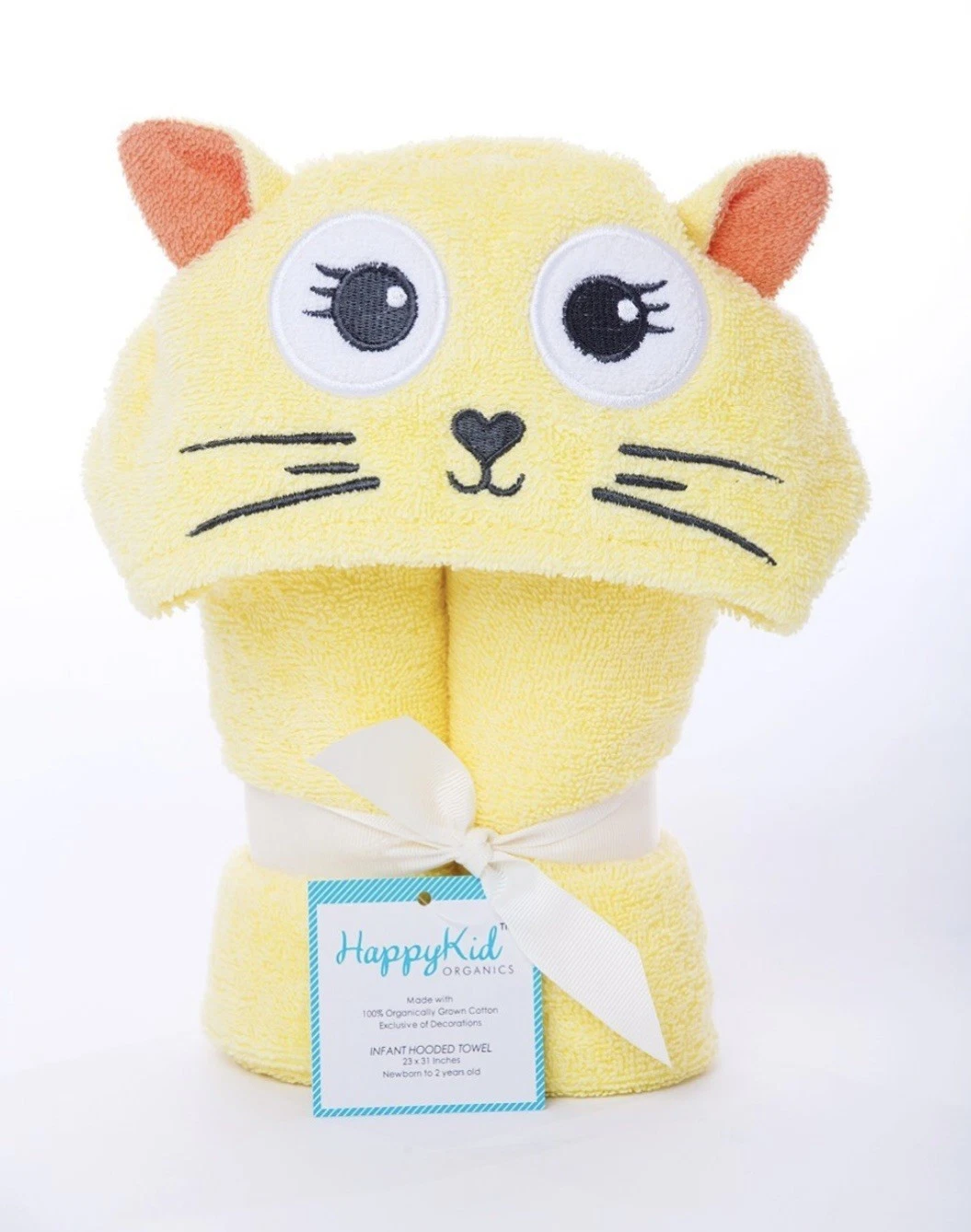 Cute Baby / Infant 💯% Organic Cotton Yellow Kitten Hooded Bath Towel 23x31 Gift