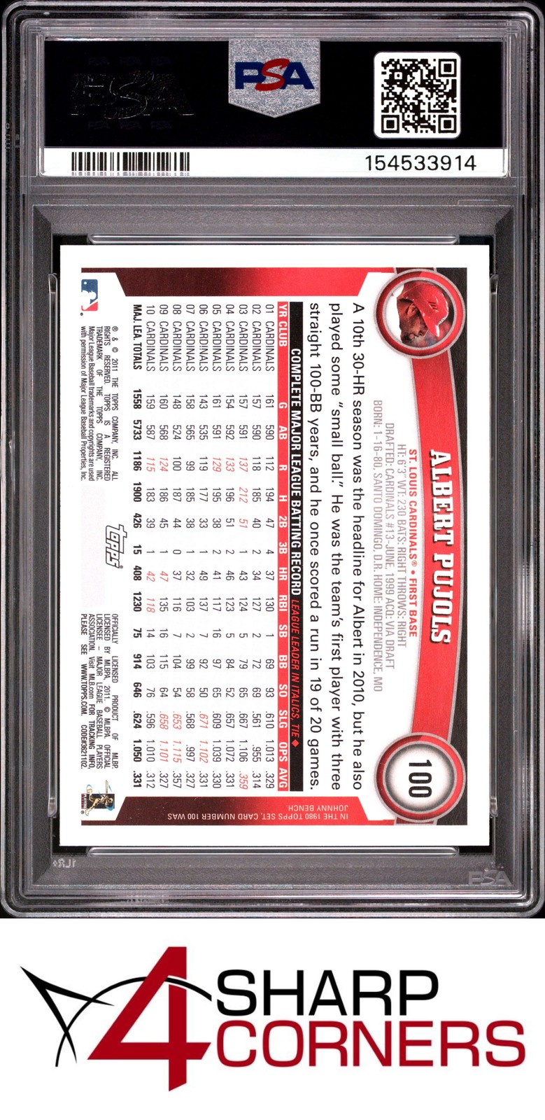 2011 TOPPS #100 ALBERT PUJOLS CARDINALS PSA 10 view 2