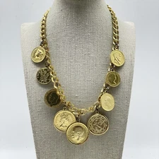 Gold Tone British Coin Charm Statement Necklace Womens Chunky Chain Medallion