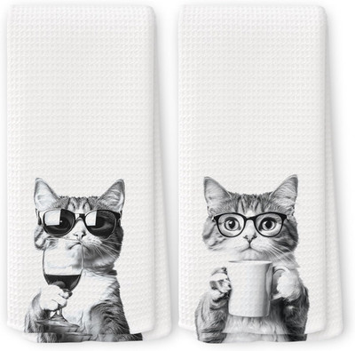Funny Cat Kitchen Towels Set of 2, Home Bar Decor, Wine and Coffee Lover Gifts, 