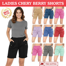 LADIES WOMENS CHERRY BERRY CAPRI SHORTS STRETCHY SUMMER COTTON ELASTICATED PANTS