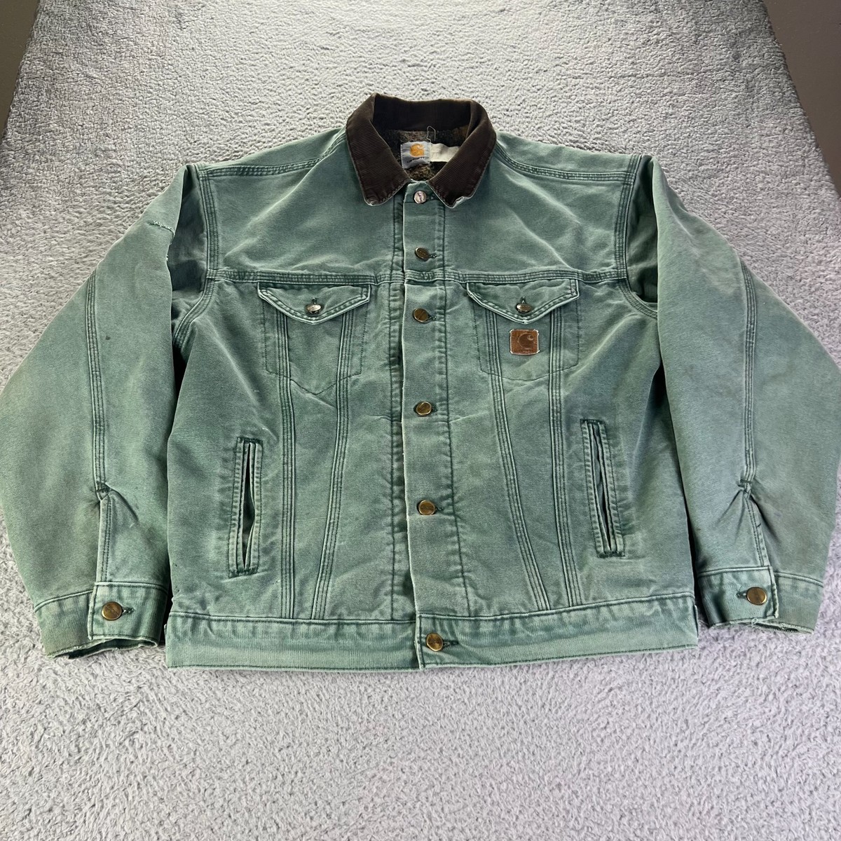 Vintage Carhartt Trucker Jacket Mens Medium Tall Green Blanket
