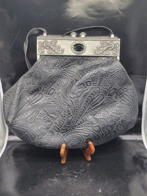 James Culver Vtg Moulin Rouge Black Leather Handbag Suede Lined See Pics AS-IS