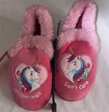 Girls Pink Unicorn Embroidered Slip-On Slippers Faux Fur Trim US 11-12