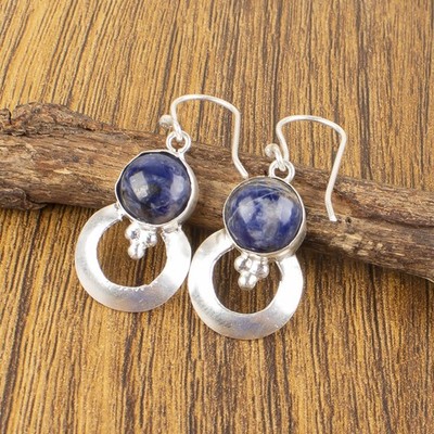 Sterling Silver Genuine Sodalite Engagement Bezel Set Dangle Drop Boho Earrings
