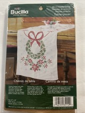 Bucilla Plaid HOLIDAY TIDINGS Table Runner Stamped Cross Stitch Kit 14"x44" NEW