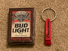 Sealed Deck of Bud Light Playing Cards & Red Budweiser Bottle Opener & Keychain