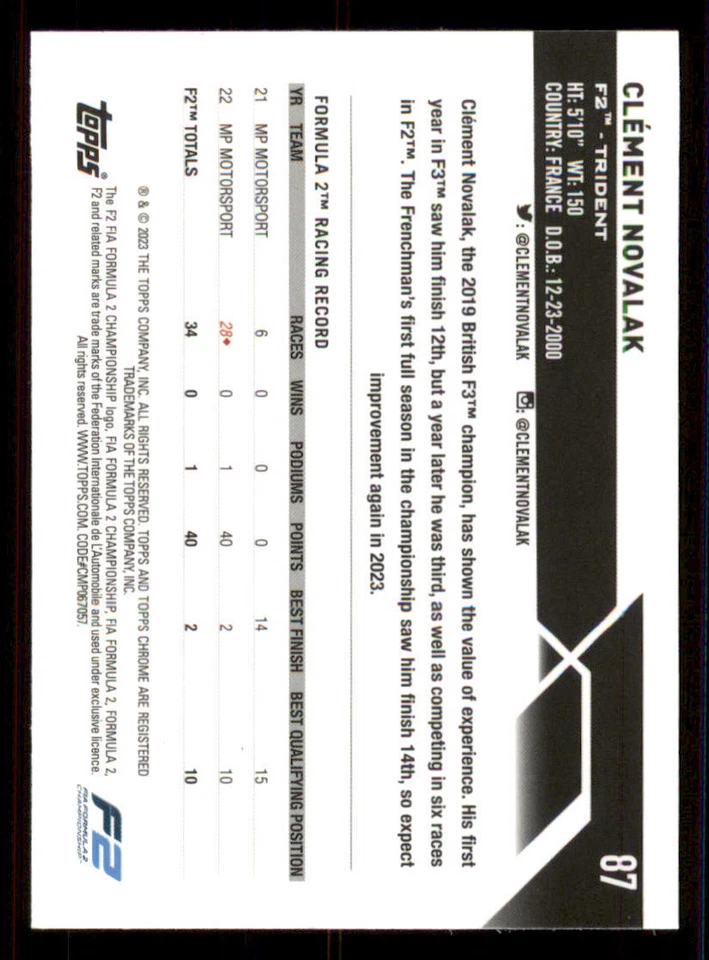 2023 Topps Chrome Formula 1 Purple Refractors #87 Clement Novalak /399 - Image 2 of 2