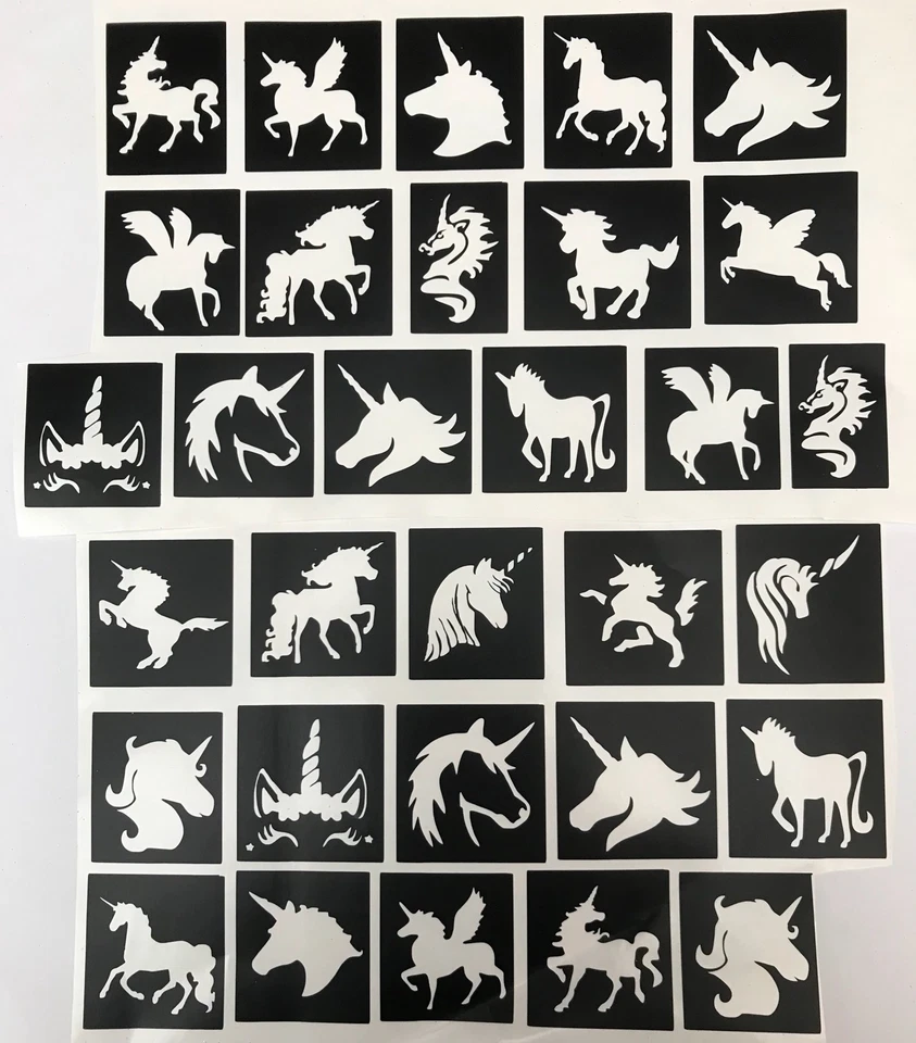 THE UNIQUE LITTLE GIFT SHOP LTD 30 All Unicorns 🦄 stencils top up ur glitter tattoo kit face painting Airbrush