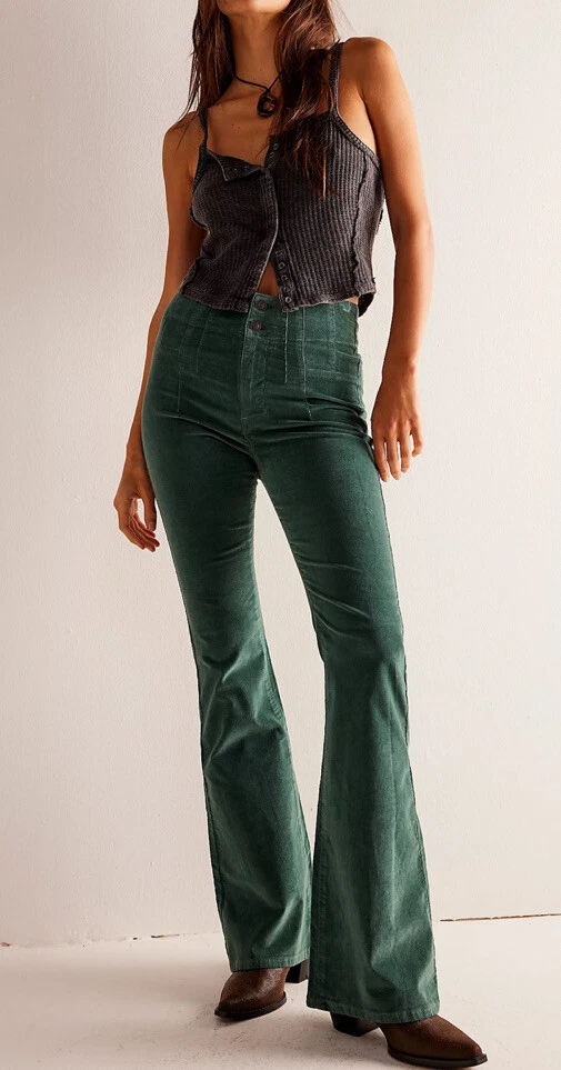 We The Free People Women's Retro Jayde Corduroy Green Flare Pants Jeans  Size 27