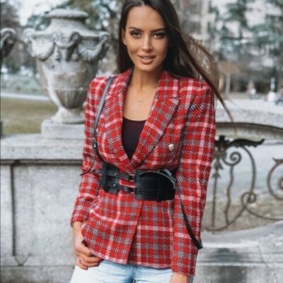 RARE GENUINE ZARA RED CHECKED DOUBLE BREASTED