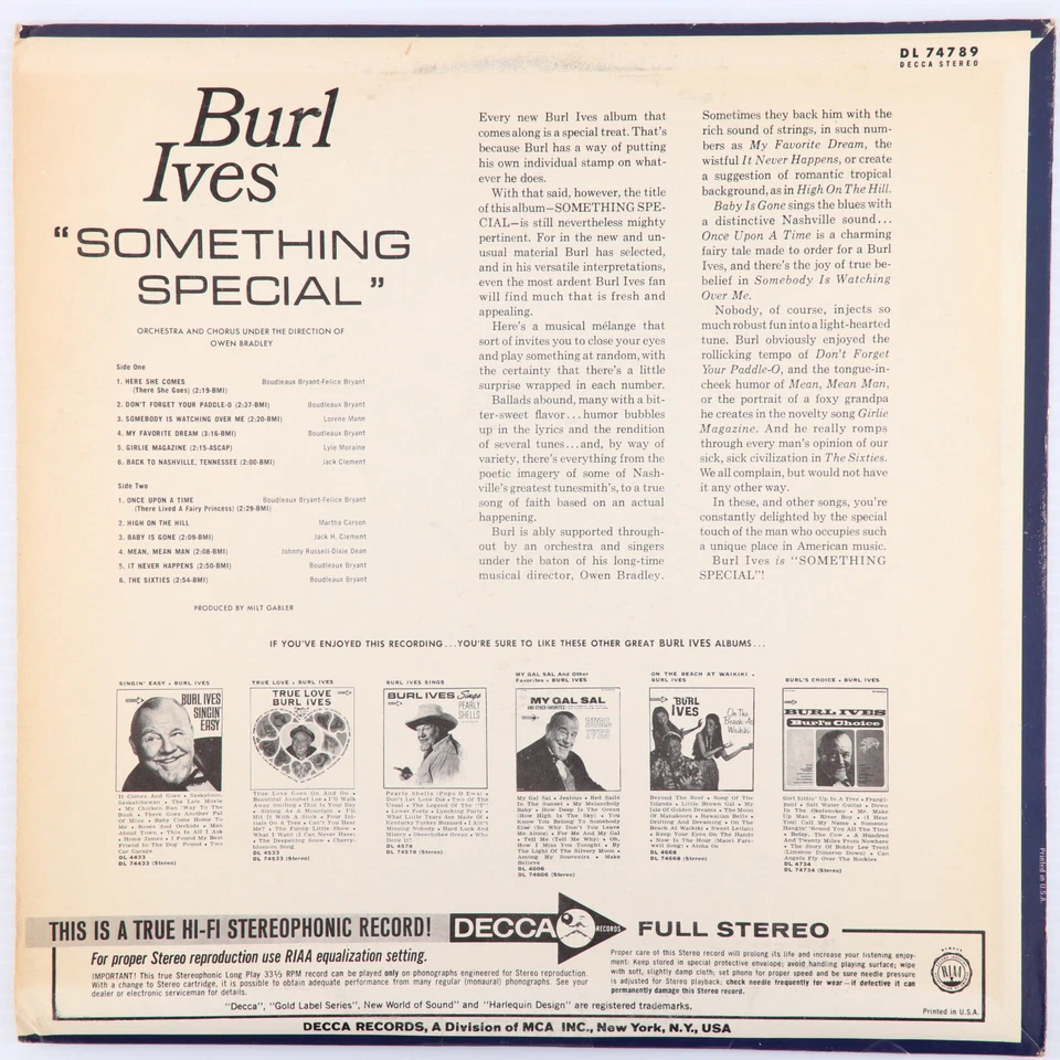 Burl Ives – Something Special - 1966 Stereo LP Decca – DL 74789 - Image 2 of 4