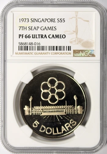 1973 Singapore 7th Seap Games Silver $5 NGC PF66 Ultra Cameo