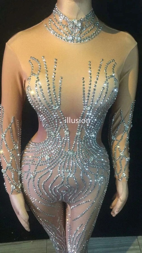 Bling Silver Rhinestones Nude Sequin Jumpsuit Sexy Club Bar Dance  Jumpsuit  - Imagem 3 de 4