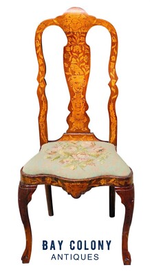 18TH C ANTIQUE DUTCH MARQUETRY INLAID WALNUT CHAIR ~ NORTH WIND FACE & MERMAID