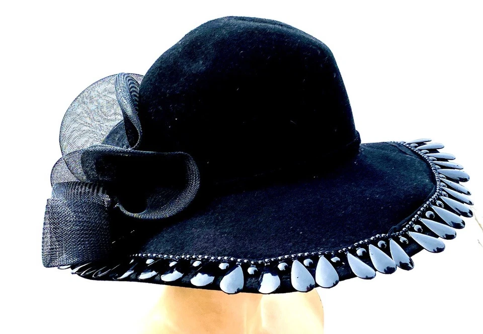 VTG Coralie Ladies Black Felt Wide Brim Hat  w Bow Church Derby 14" M/L Head - Image 4 of 4