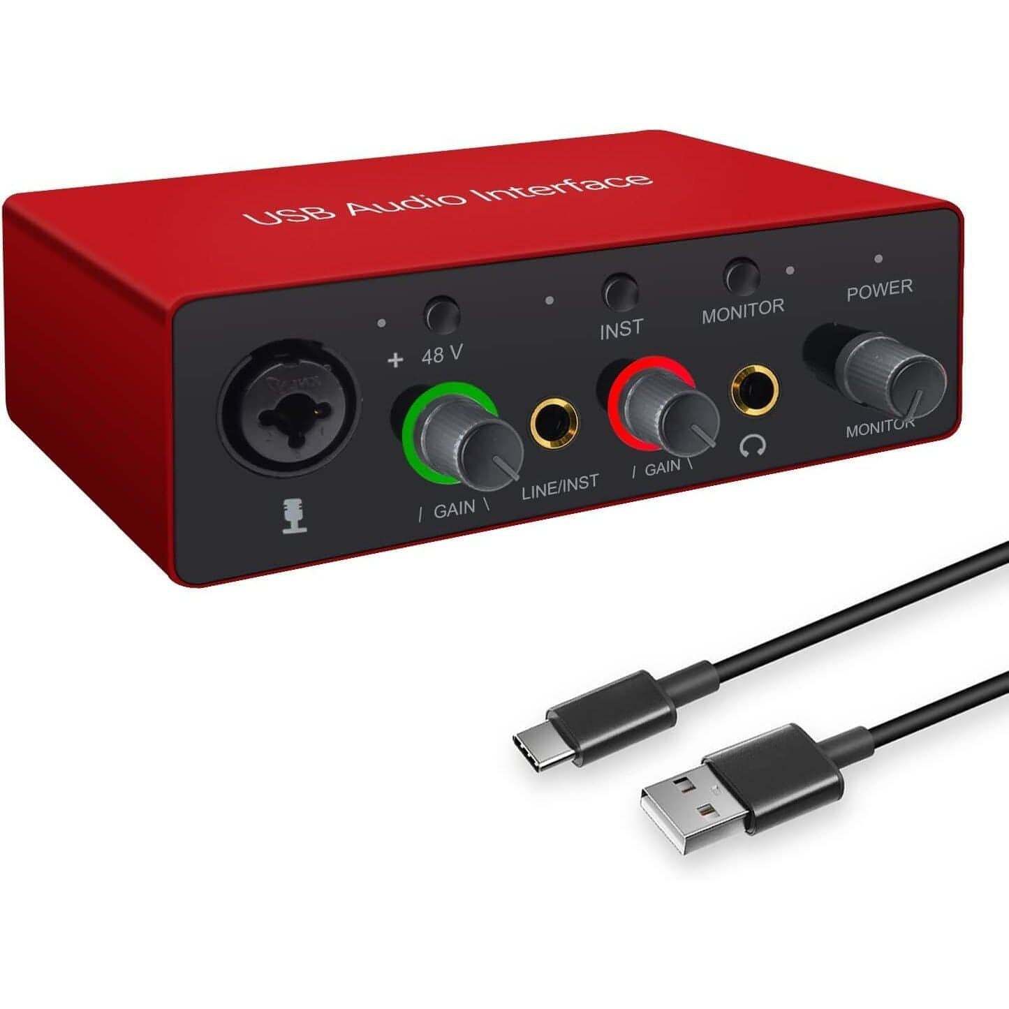 USB Audio Interface with Mic Preamplifier XLR Audio Interface 48V 2 Channel for