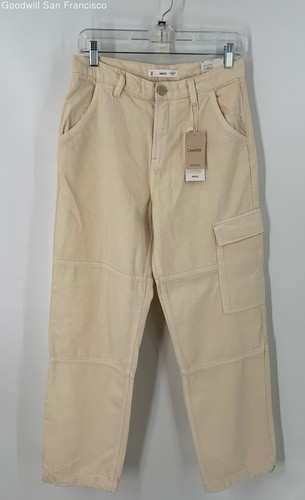 NWT MNG Beige Cotton Loose Fit Mid Waist Pockets Cargo Womens Pants Size 6