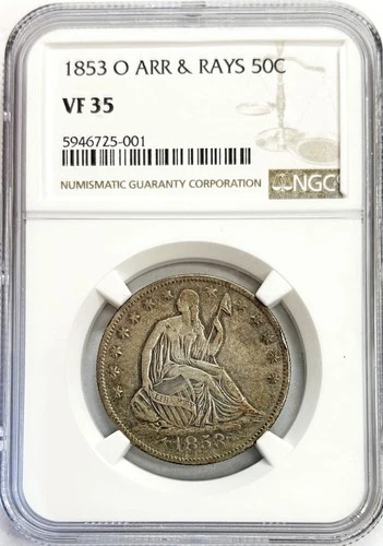 1853 O ARROW & RAYS SILVER US SEATED LIBERTY HALF DOLLAR NGC CHOICE VERY FINE 35