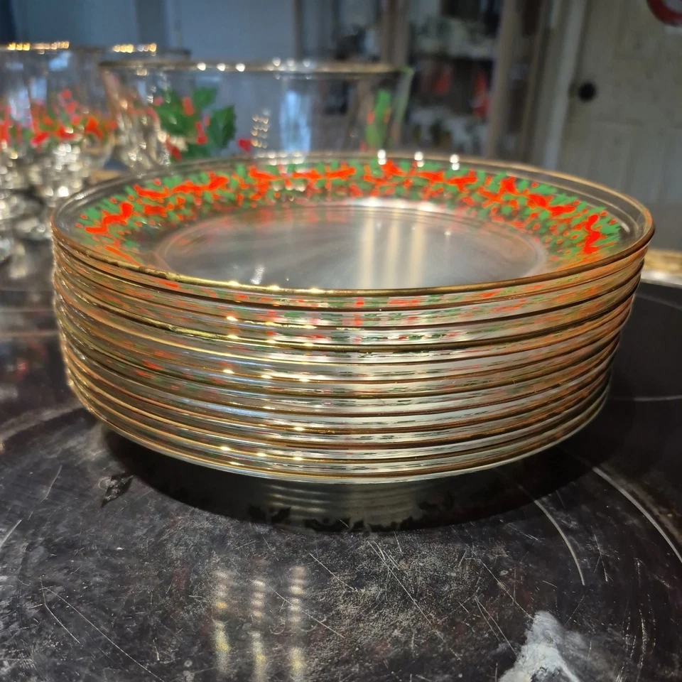 20 Libbey Christmas Holiday Glasses Holly Berries 12 Sandwich plates 1 Bowl - Image 4 of 4