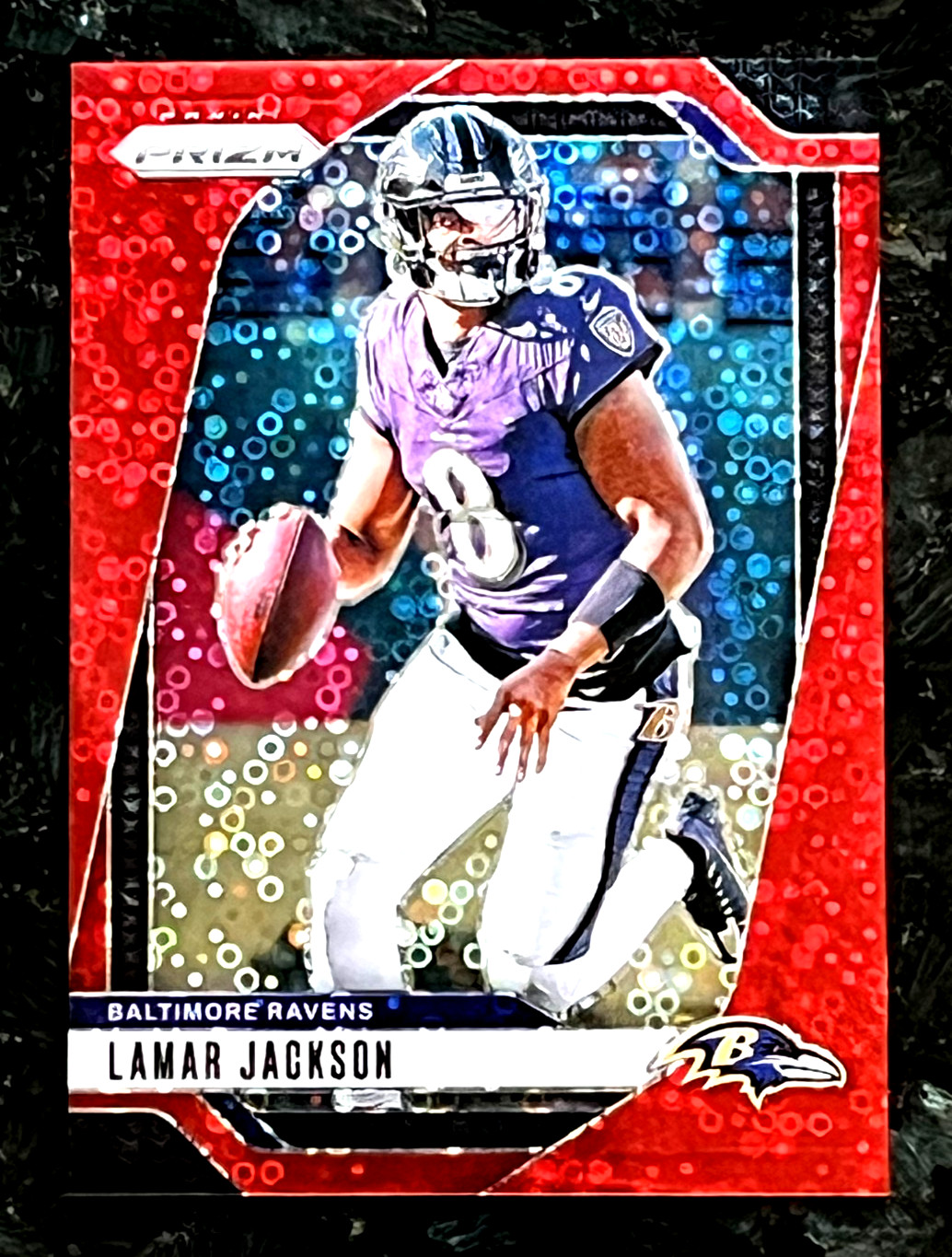 Lamar Jackson 2024 Panini Prizm Red 32/75 No Huddle Disco Prizm Ravens #19
