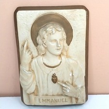 Antique Sacred Heart of Jesus Emmanuel Chalkware Wall Plaque Religious Art 5x7